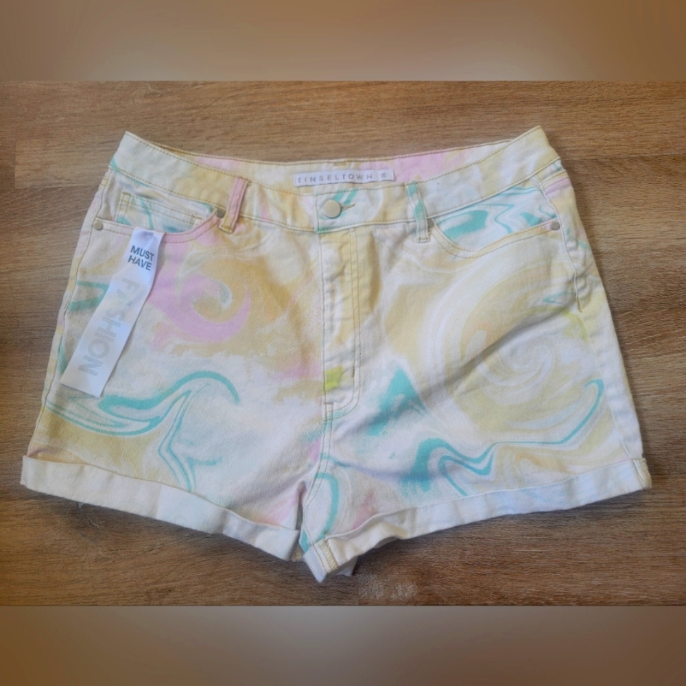 Tinseltown Yellow and Pink Jean Shorts Pastel Tie-Dye